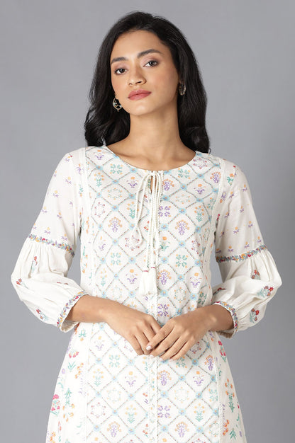 White Floral Print kurta And Slim Pants Set