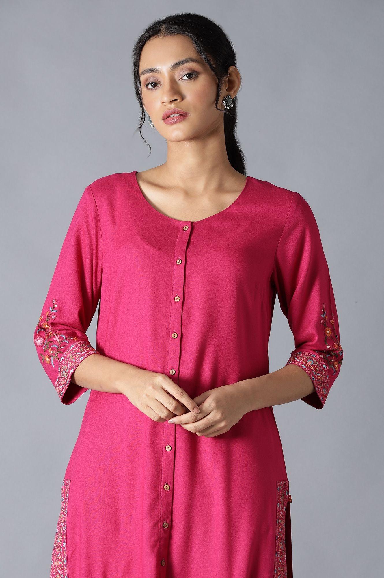 Fuchsia Pink Embroidered kurta And Parallel Pants Set - wforwoman