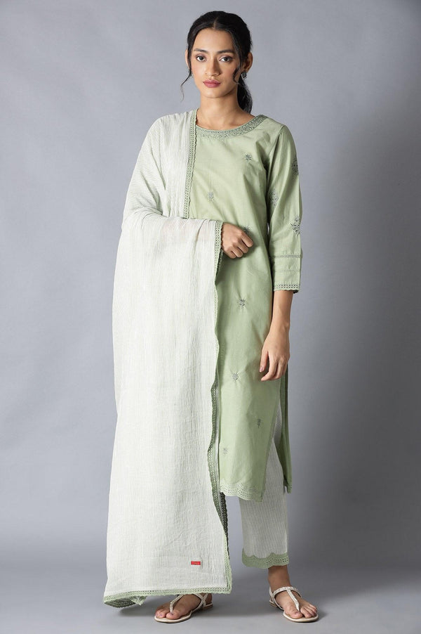 Sage Green kurta, Ecru Pants And Dupatta Set
