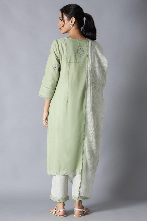 Sage Green kurta, Ecru Pants And Dupatta Set