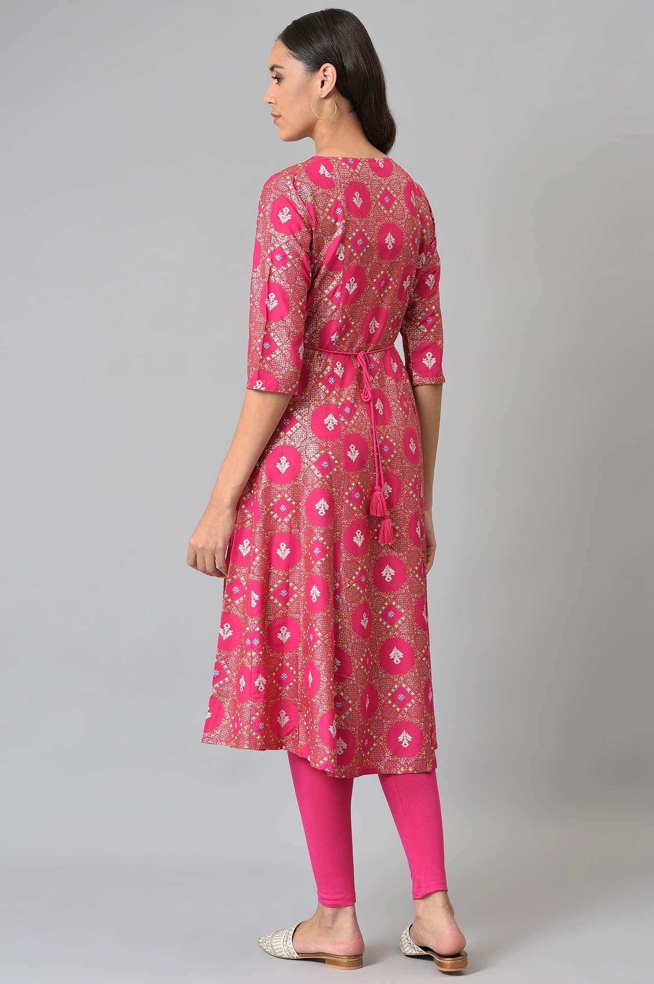 Dark Pink Printed Round Neck kurta With Tights - wforwoman