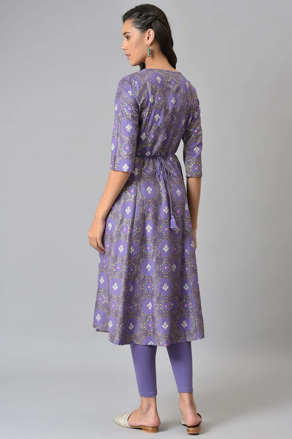 Purple Printed Round Neck kurta With Tights
