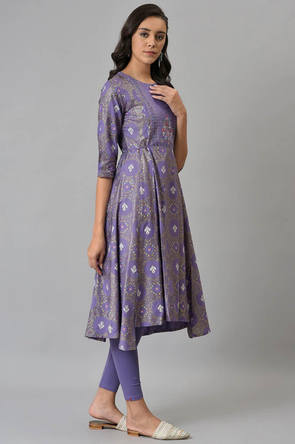 Purple Printed Round Neck kurta With Tights - wforwoman