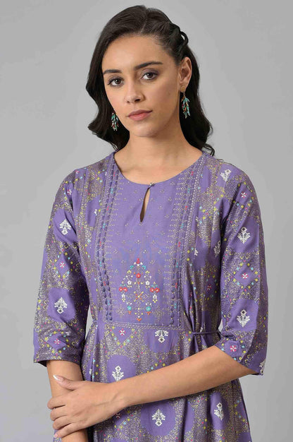 Purple Printed Round Neck kurta With Tights - wforwoman