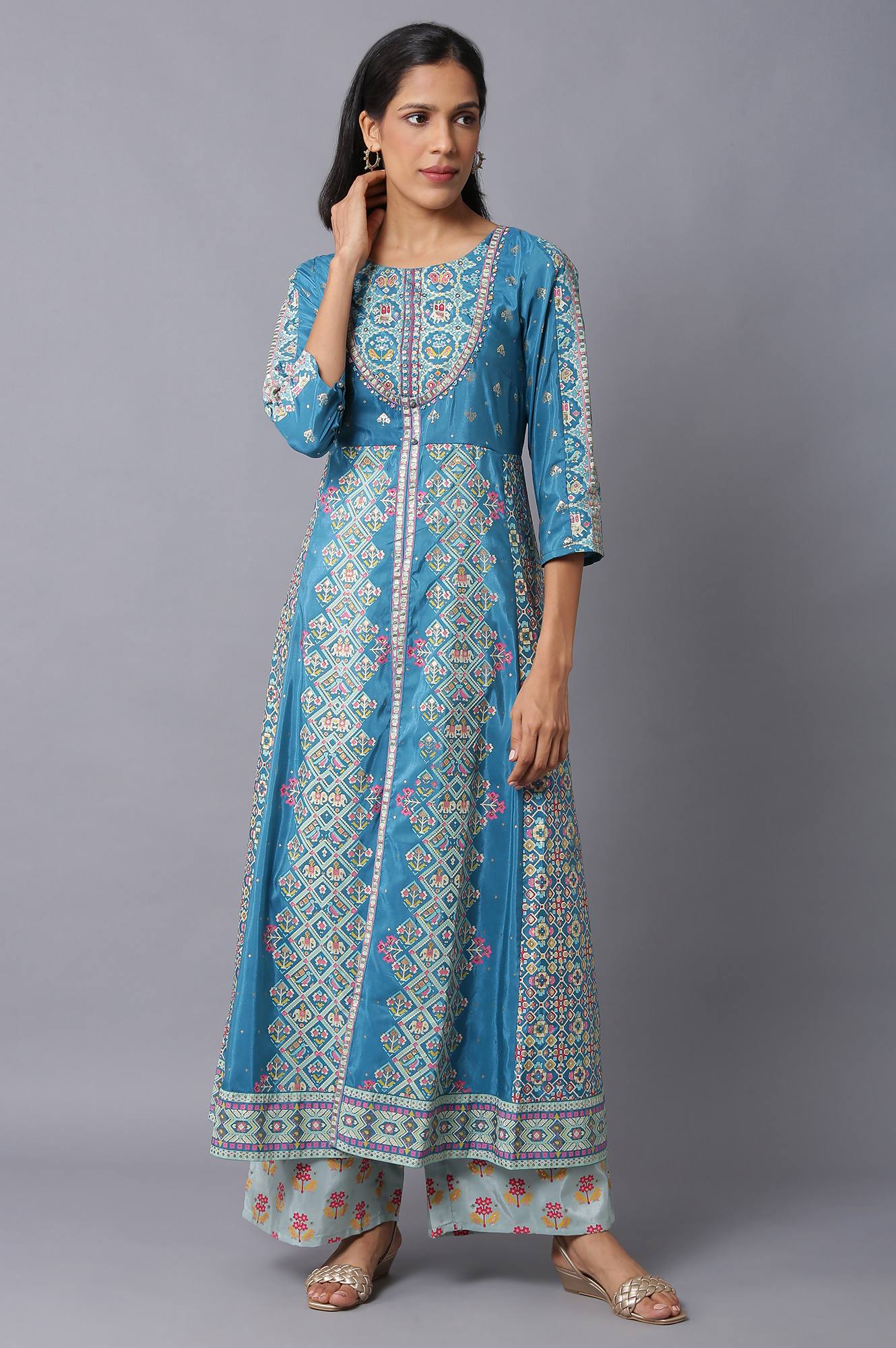 Blue Glitter Printed A-Line kurta With Slim Pants