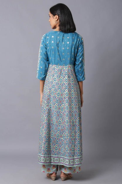 Blue Glitter Printed A-Line kurta With Slim Pants