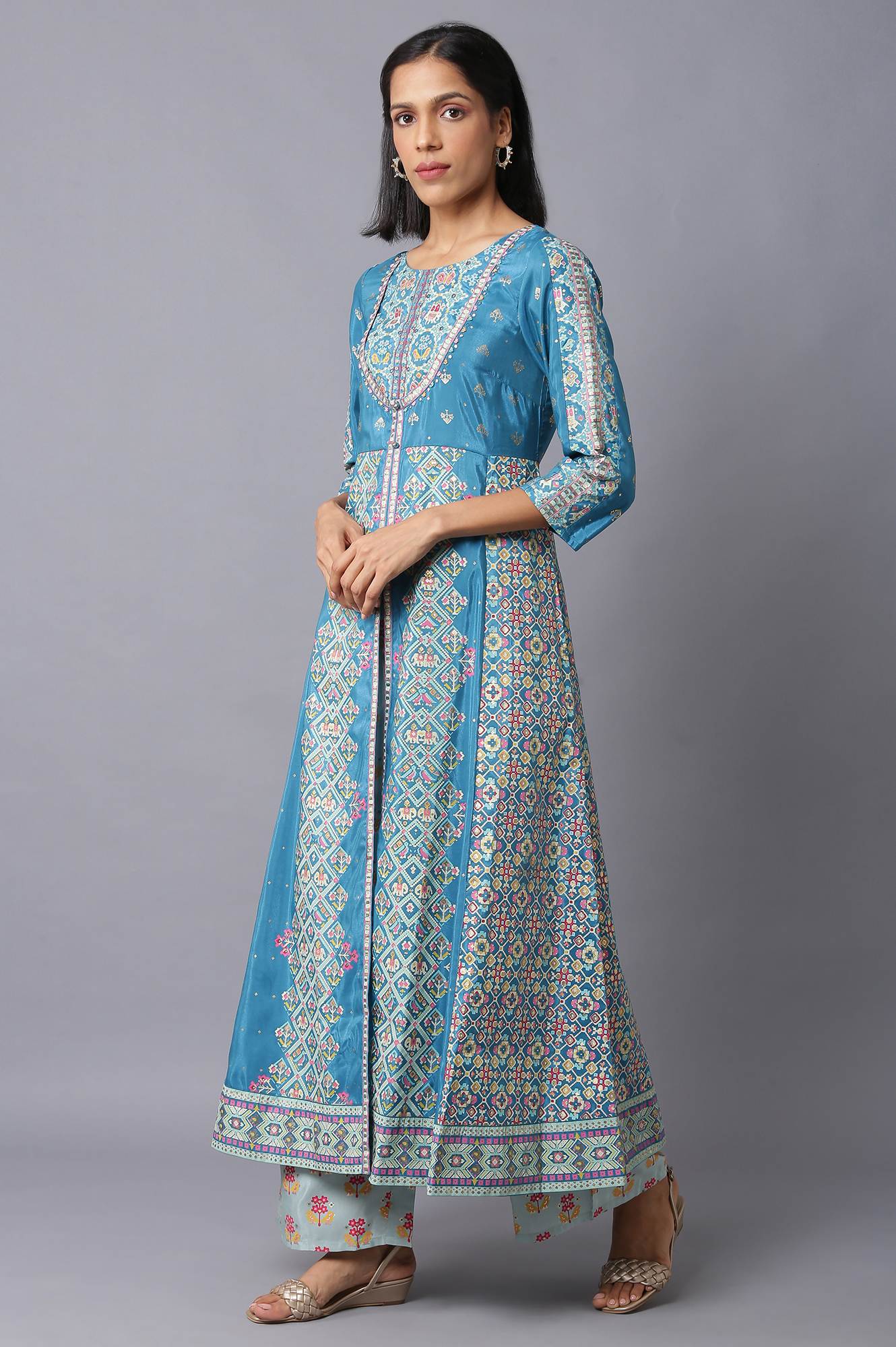 Blue Glitter Printed A-Line kurta With Slim Pants