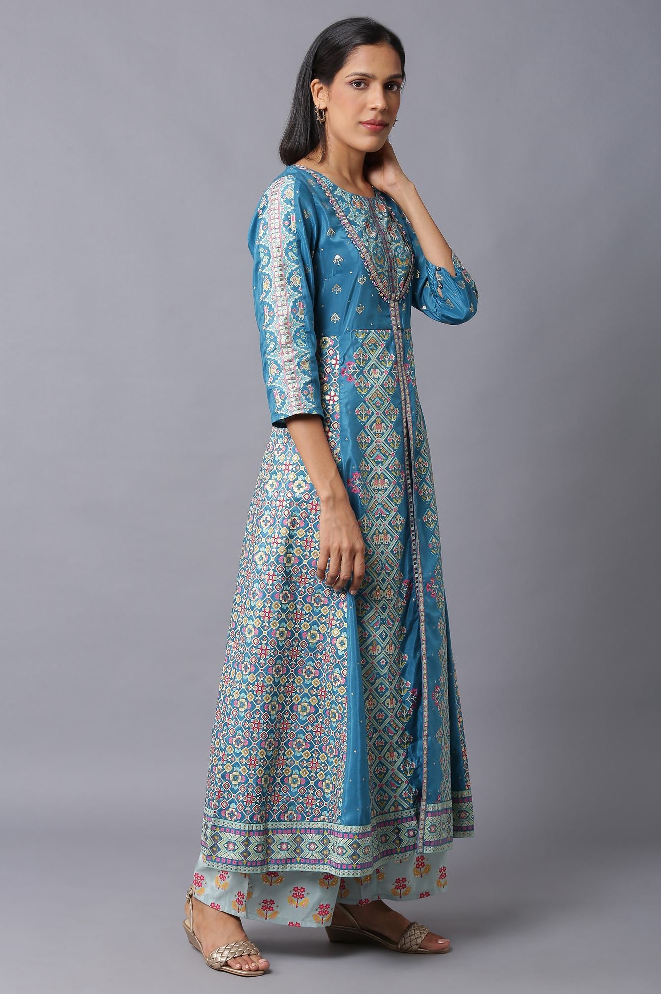 Blue Glitter Printed A-Line kurta With Slim Pants