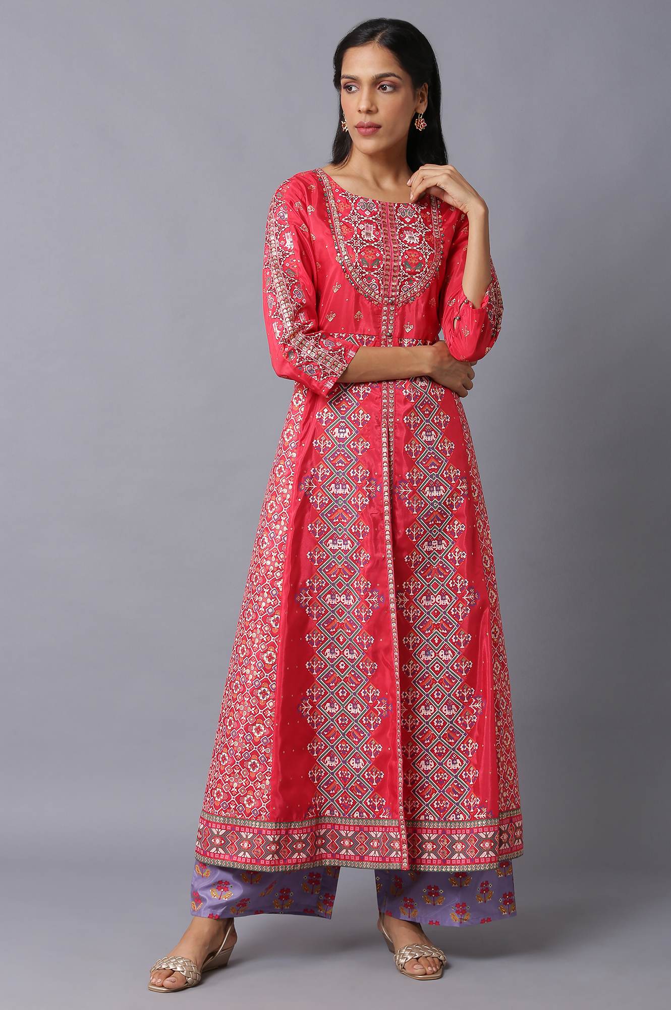 Blue Glitter Printed A-Line kurta With Slim Pants