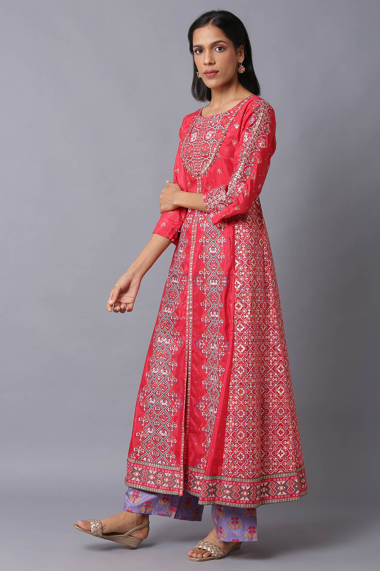 Blue Glitter Printed A-Line kurta With Slim Pants