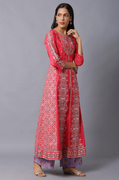 Blue Glitter Printed A-Line kurta With Slim Pants