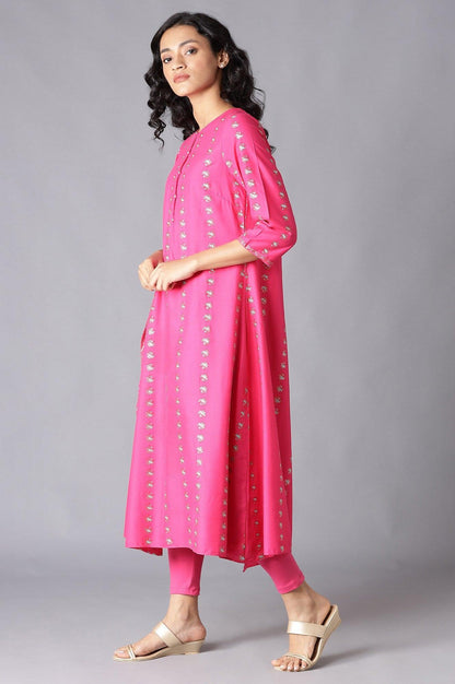 Dark Pink Saree Style kurta With Tights - wforwoman
