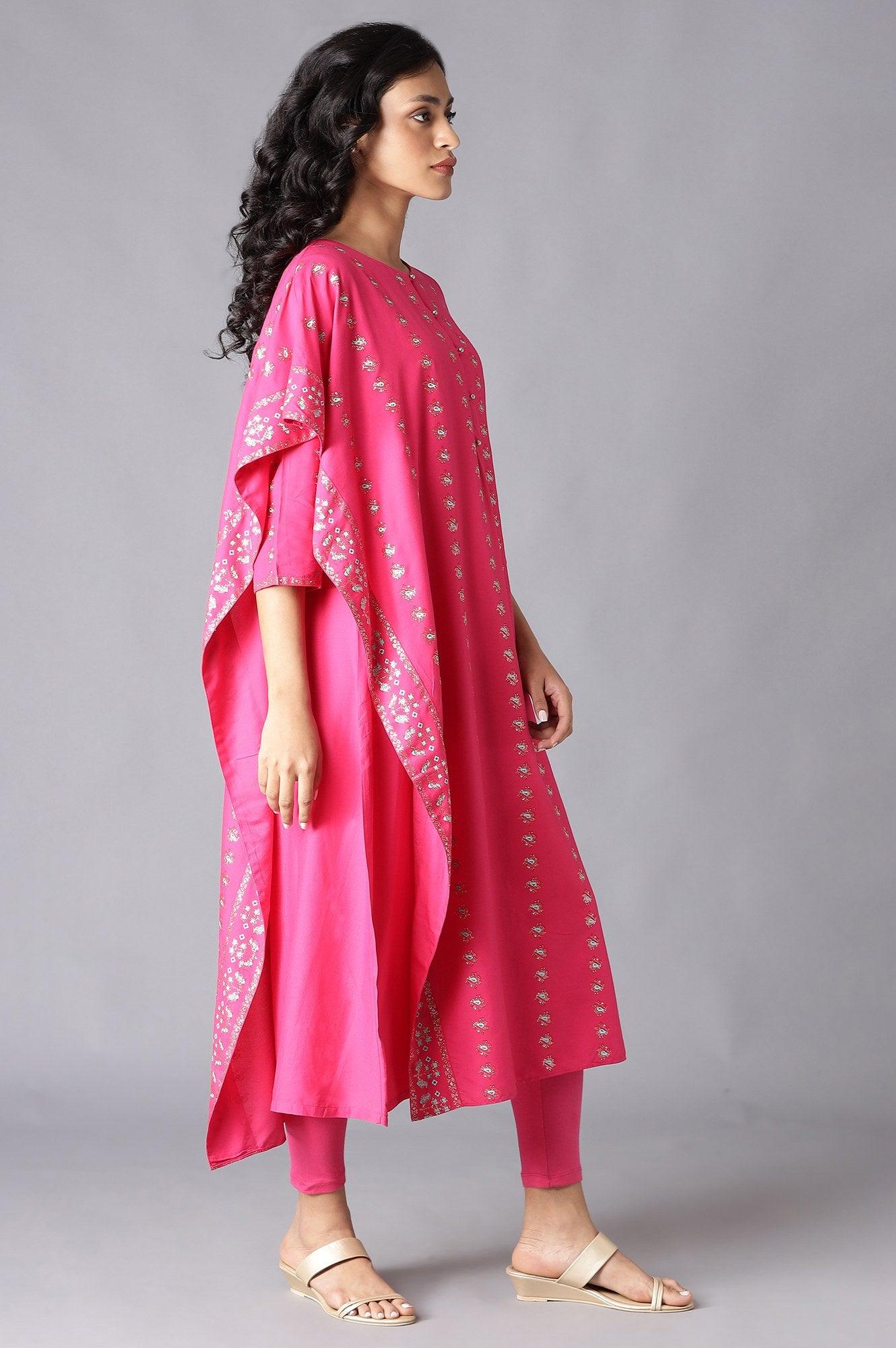 Dark Pink Saree Style kurta With Tights - wforwoman