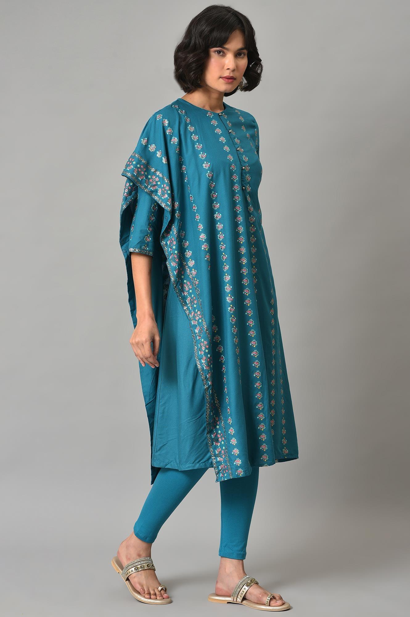 Teal Blue Saree Style kurta With Tights - wforwoman