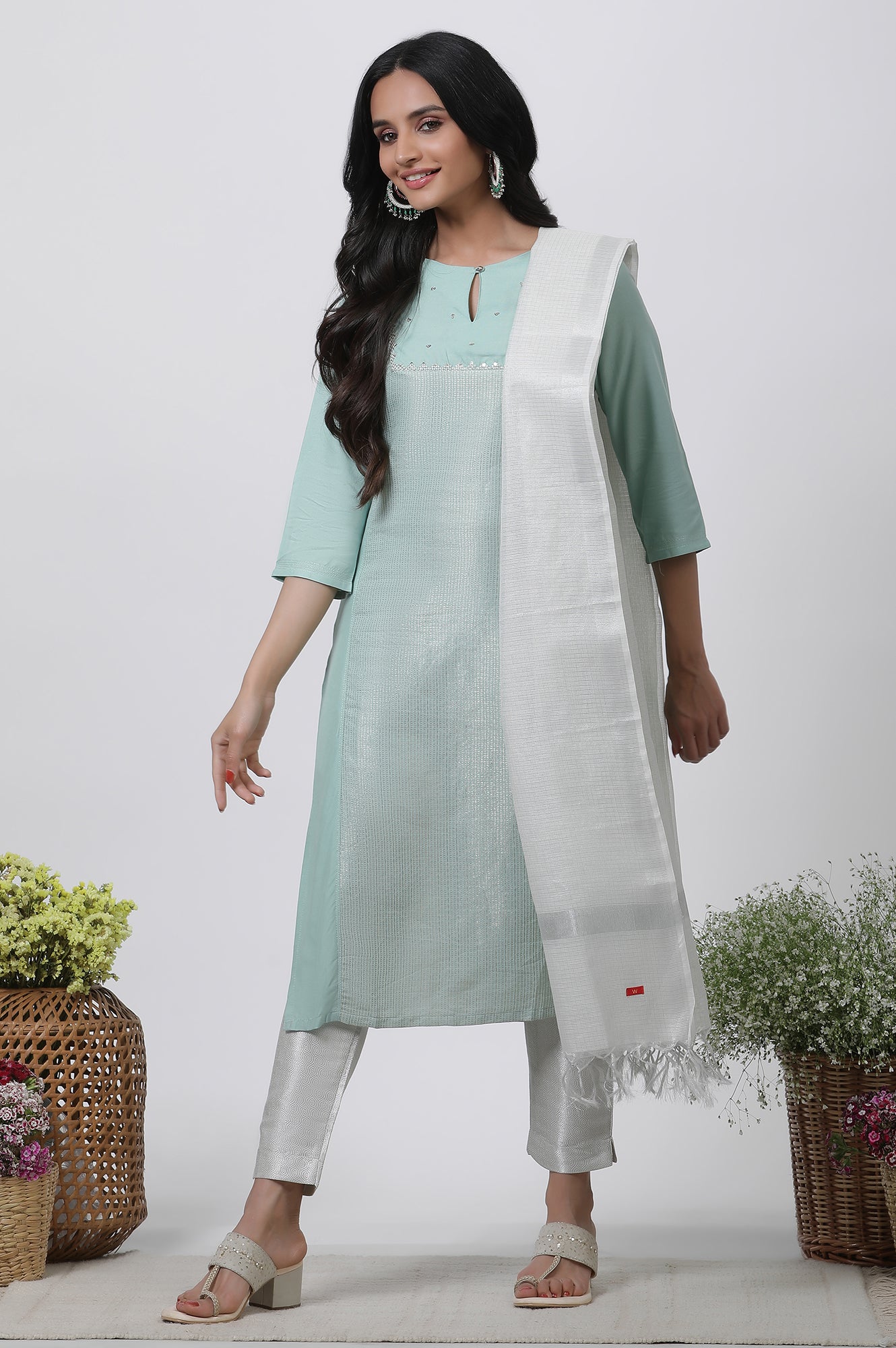 Blue Embellished Kurta, Pants And Dupatta Set