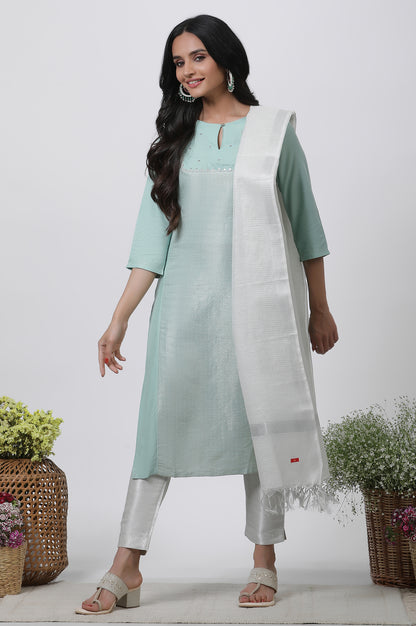 Blue Embellished Kurta, Pants And Dupatta Set