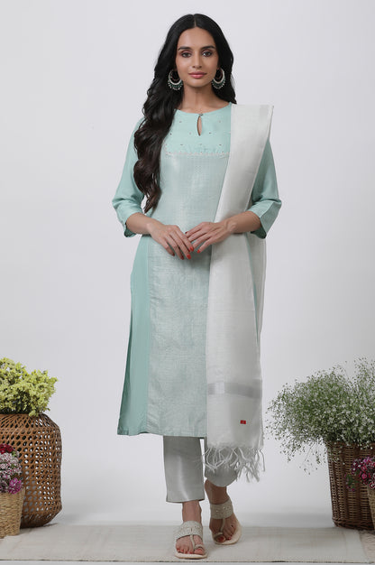 Blue Embellished Kurta, Pants And Dupatta Set