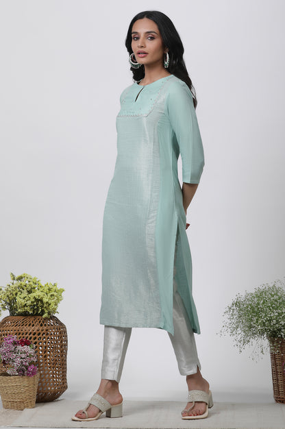 Blue Embellished Kurta, Pants And Dupatta Set