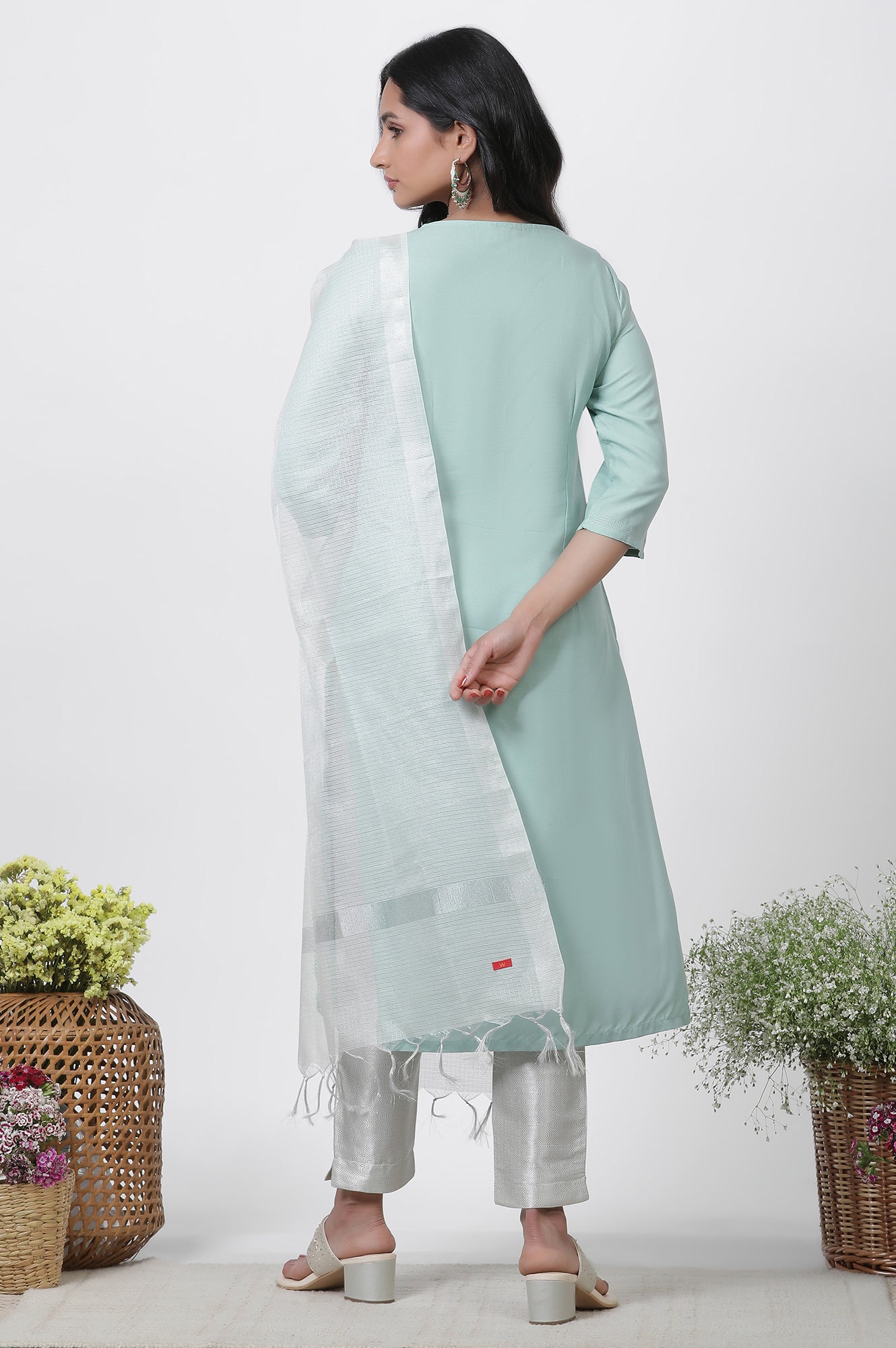 Blue Embellished Kurta, Pants And Dupatta Set