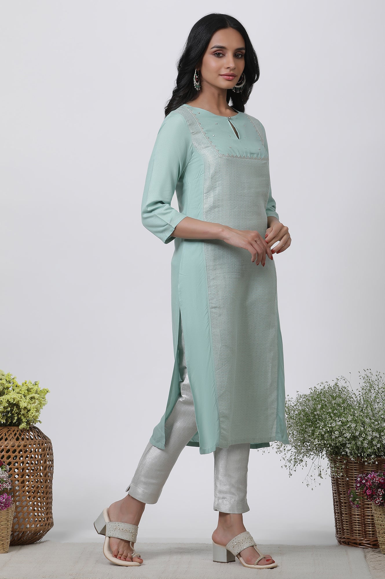 Blue Embellished Kurta, Pants And Dupatta Set