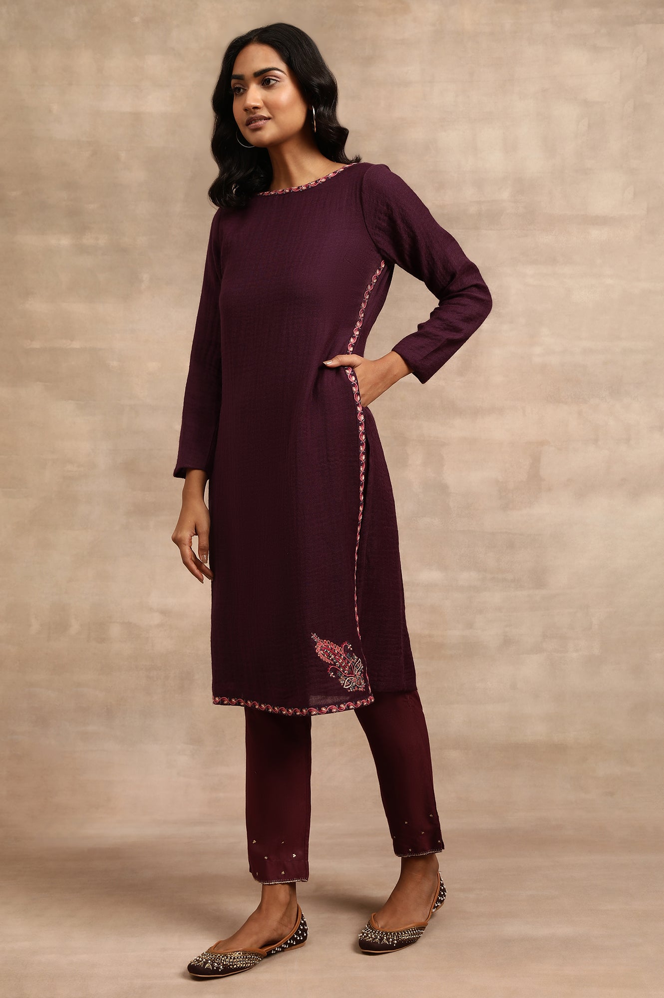 Purple Woollen Embroidered kurta