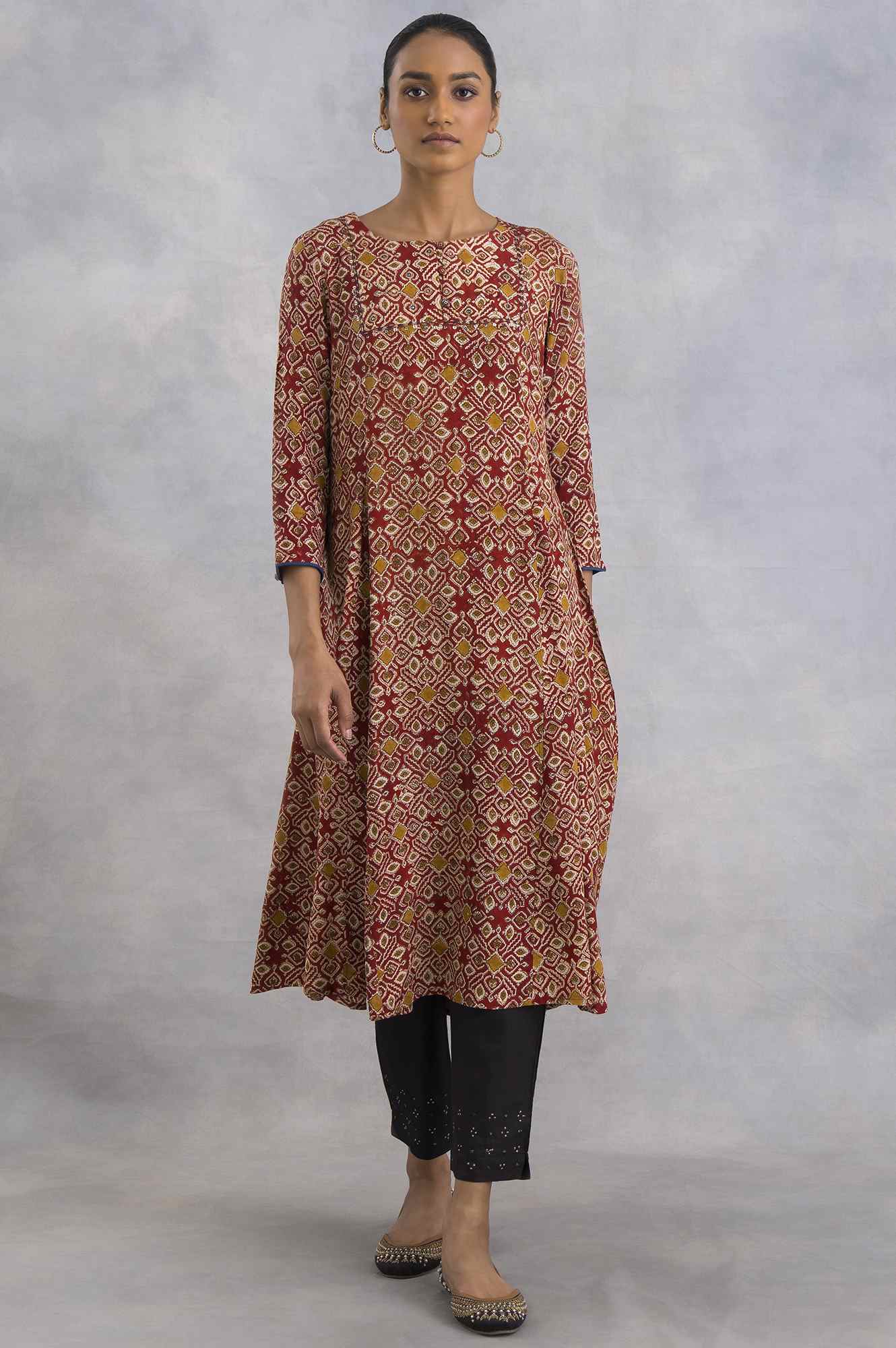 Red Hand Block Print Flared kurta