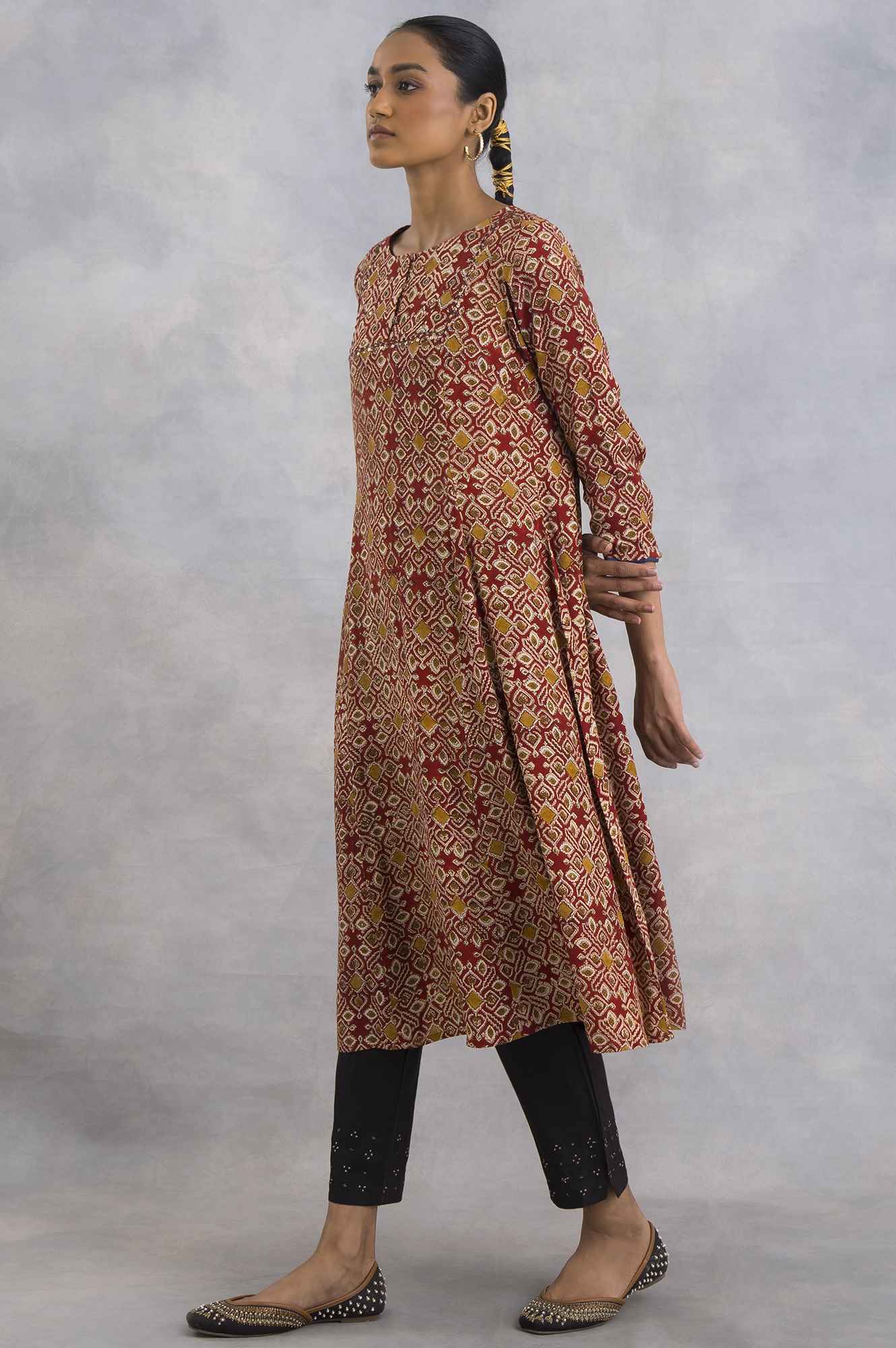 Red Hand Block Print Flared kurta