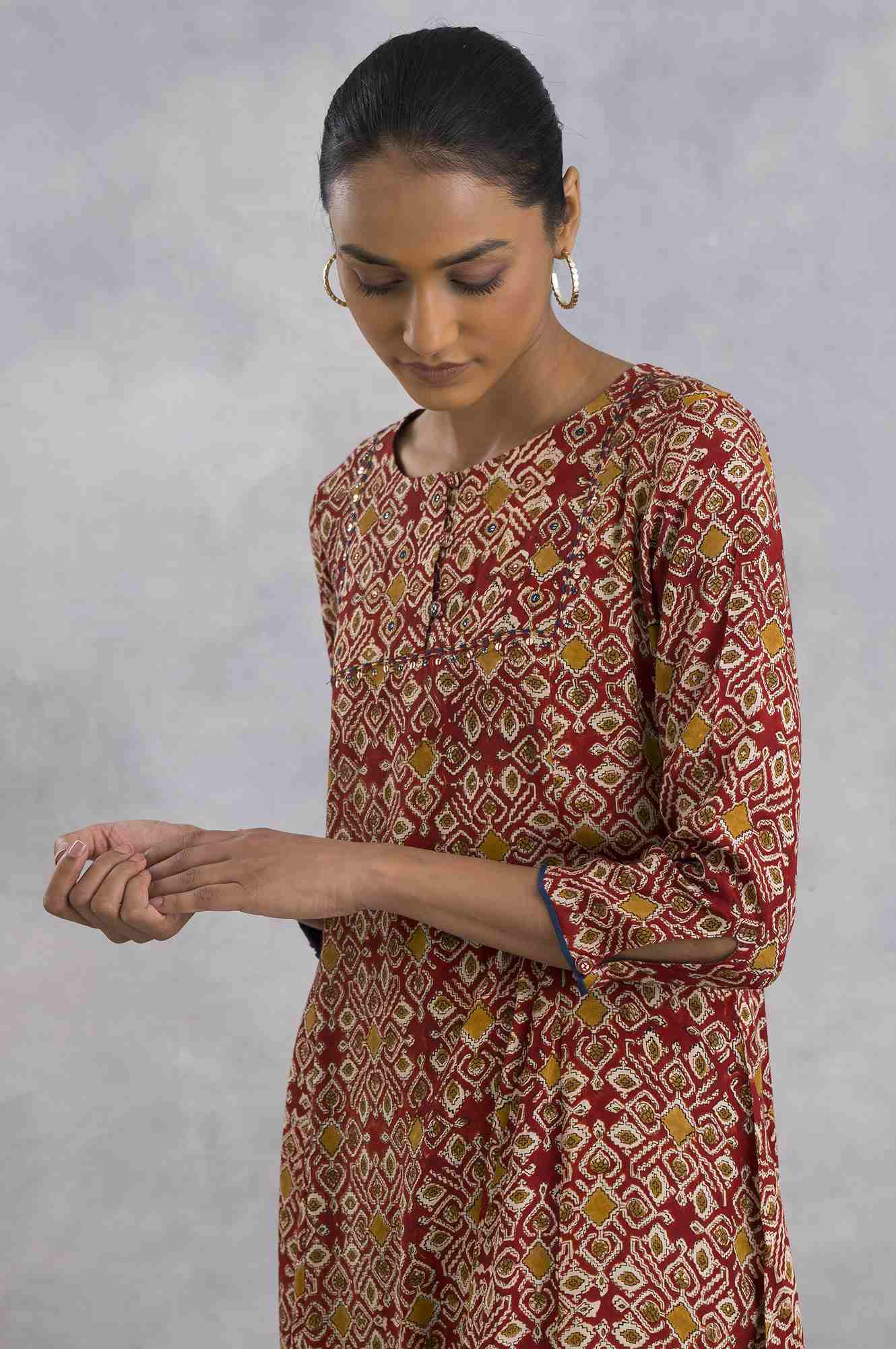 Red Hand Block Print Flared kurta