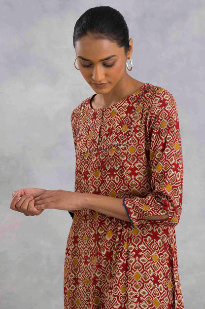 Red Hand Block Print Flared kurta