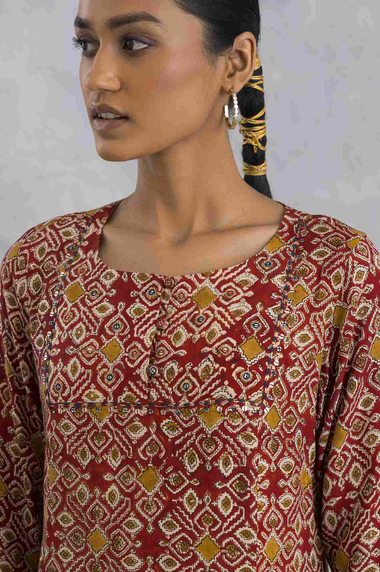 Red Hand Block Print Flared kurta