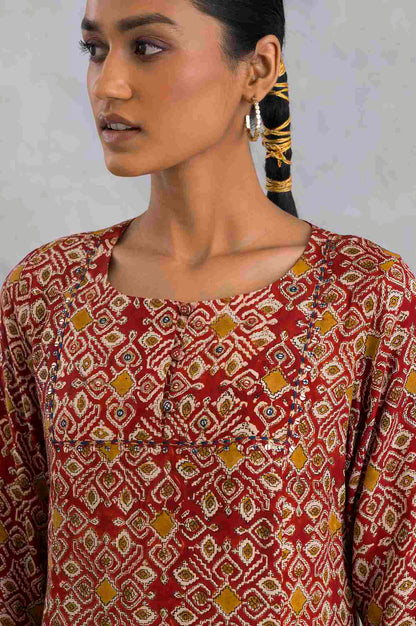 Red Hand Block Print Flared kurta