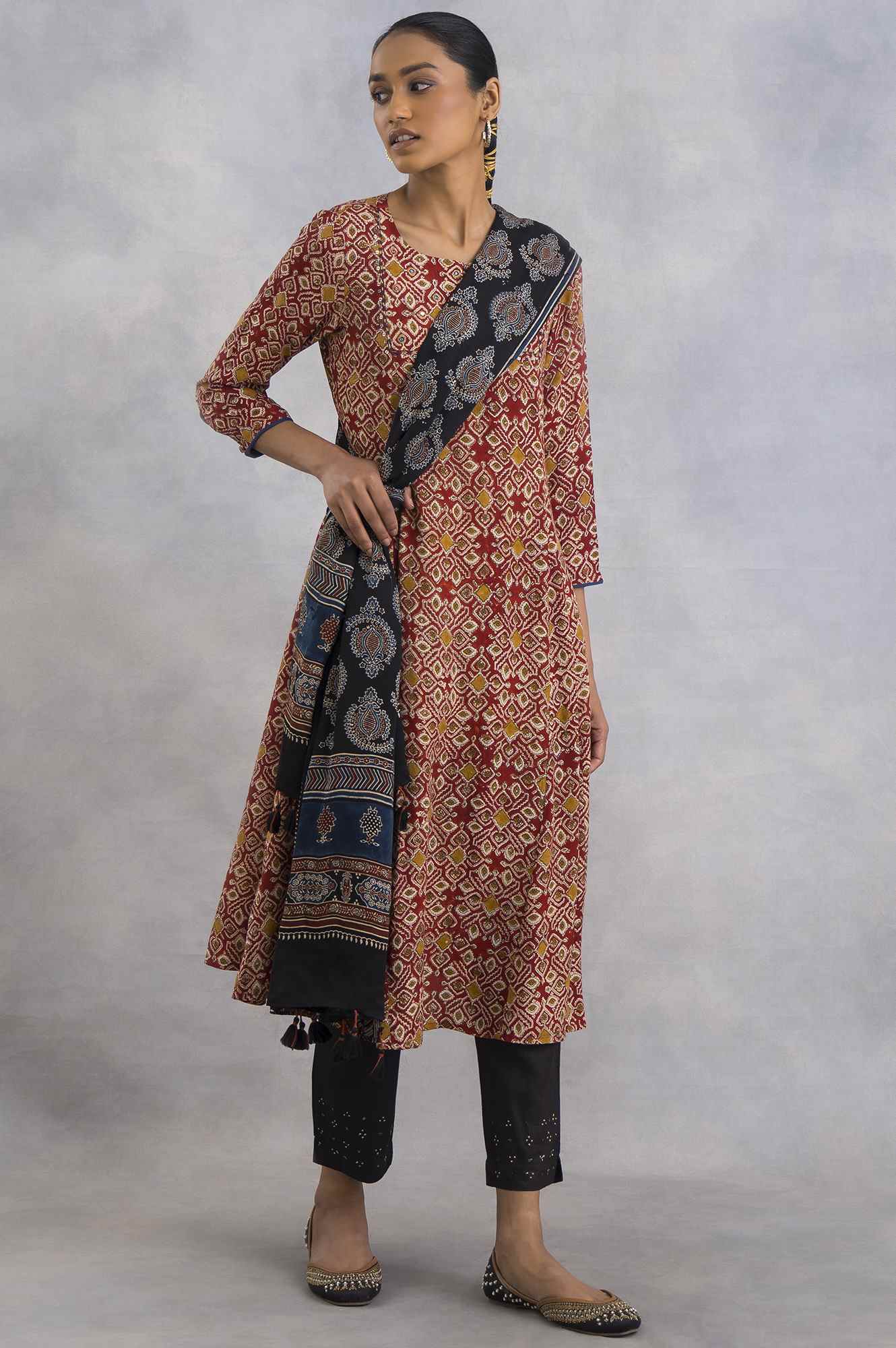 Red Hand Block Print Flared kurta