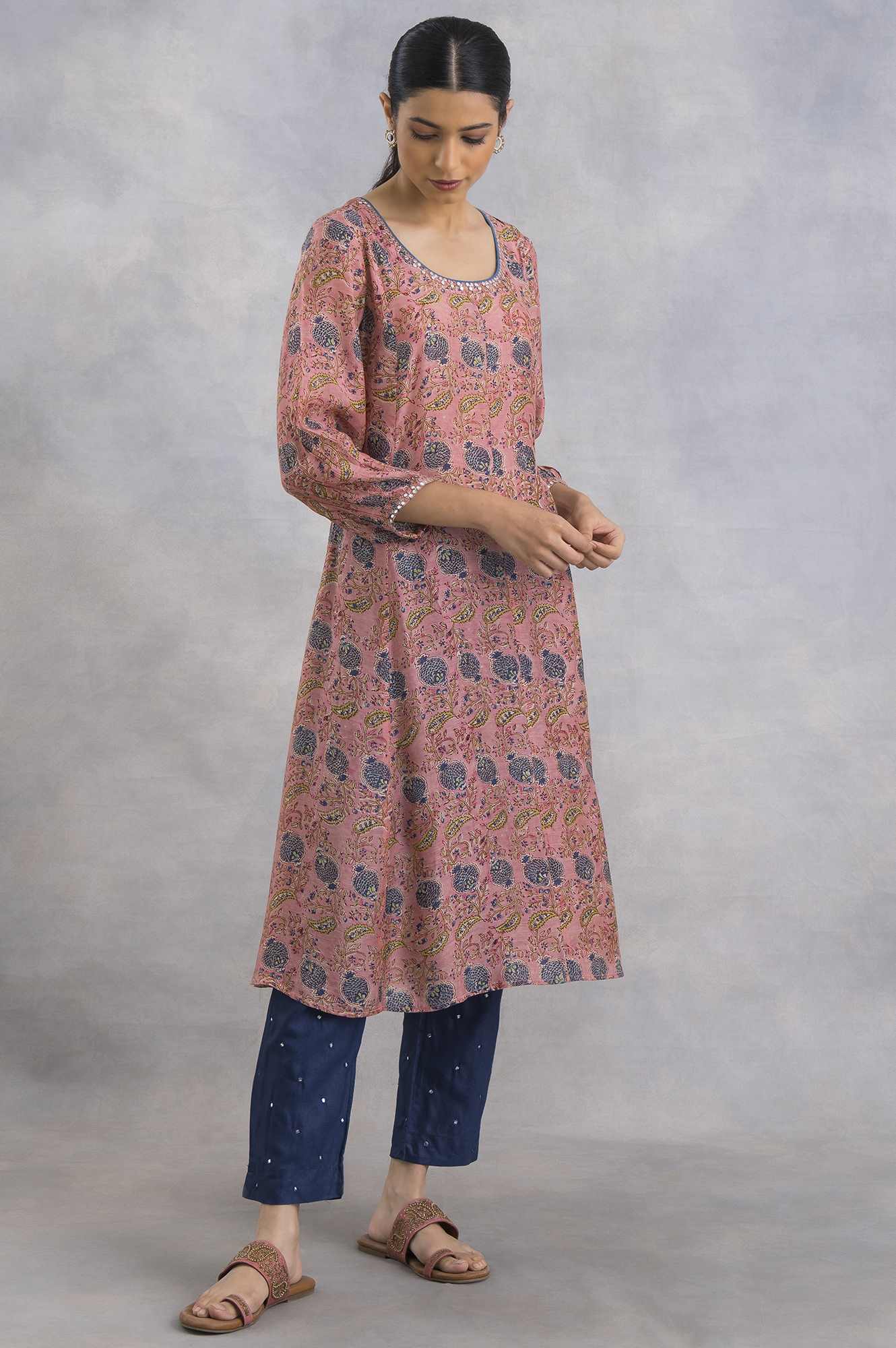 Pink Hand Block Print kurta In Lyocell