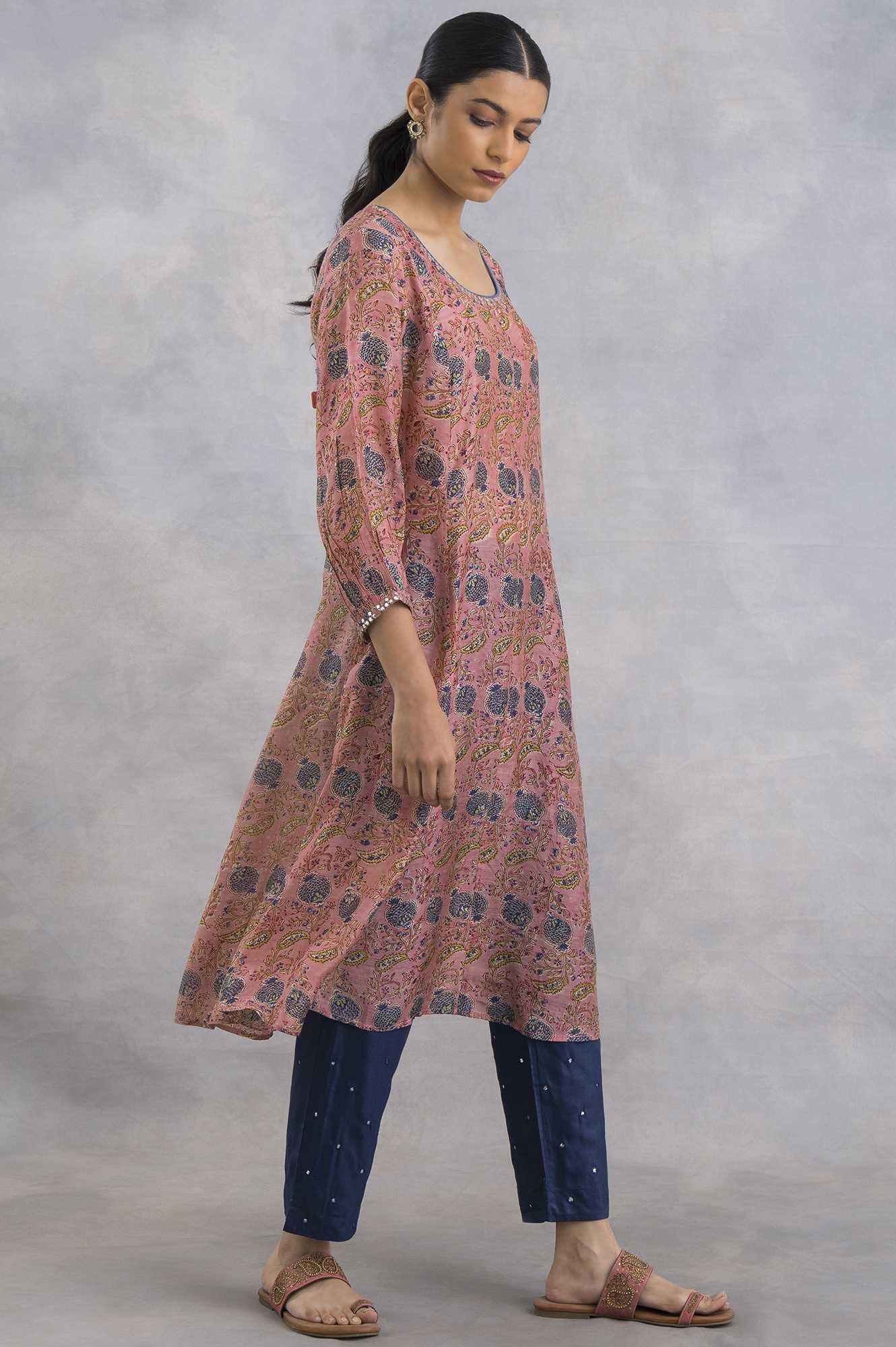 Pink Hand Block Print kurta In Lyocell