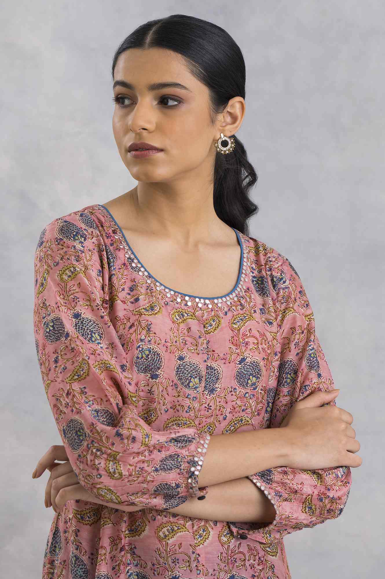 Pink Hand Block Print kurta In Lyocell