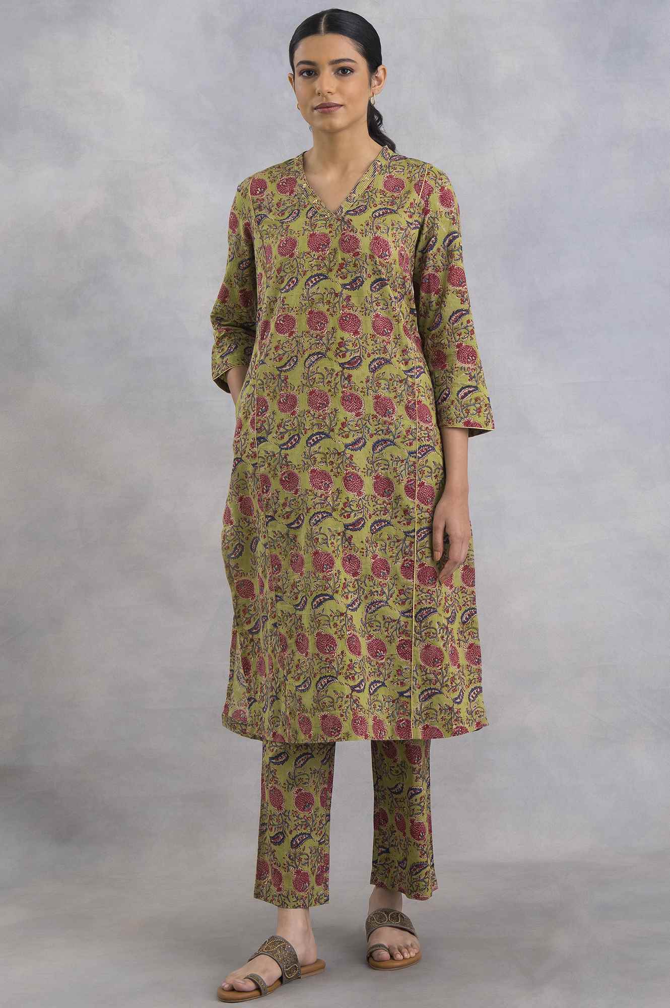 Green V-Neck Hand Block Print kurta