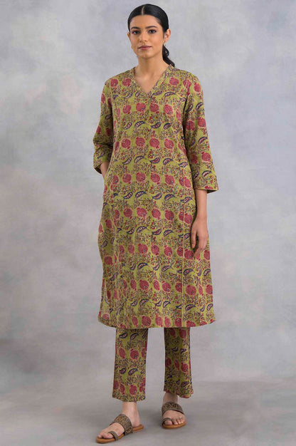 Green V-Neck Hand Block Print kurta