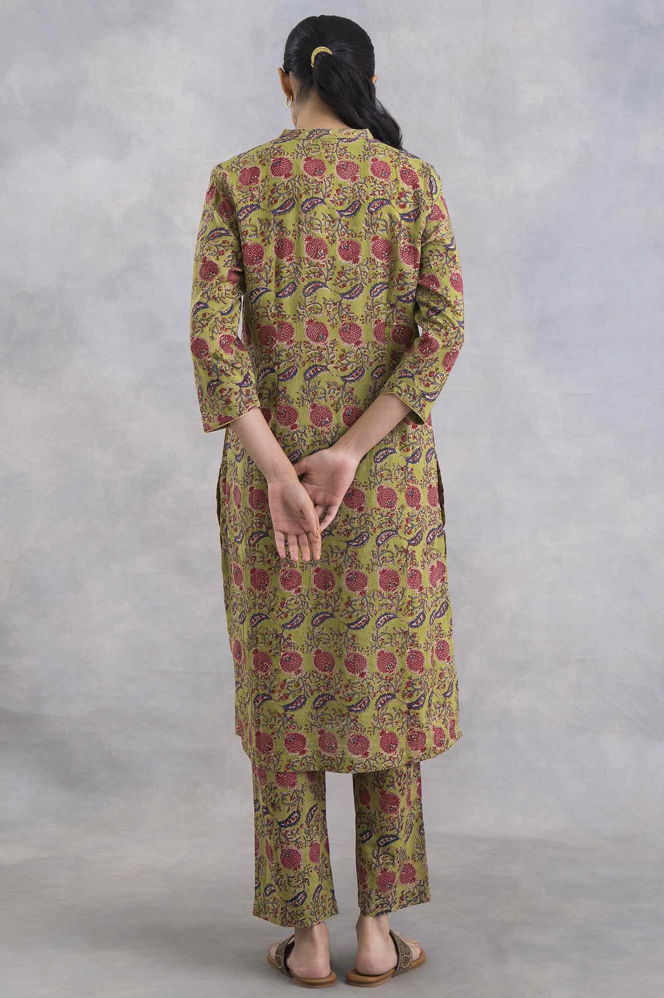 Green V-Neck Hand Block Print kurta