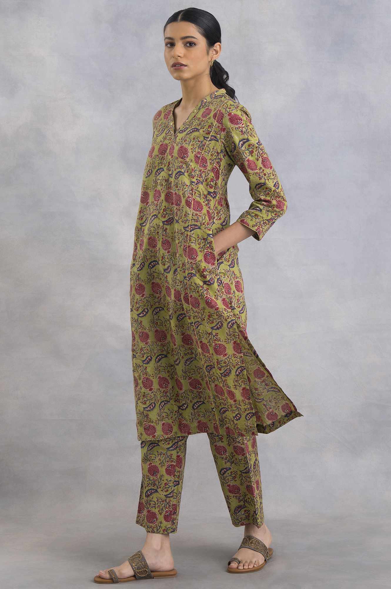 Green V-Neck Hand Block Print kurta