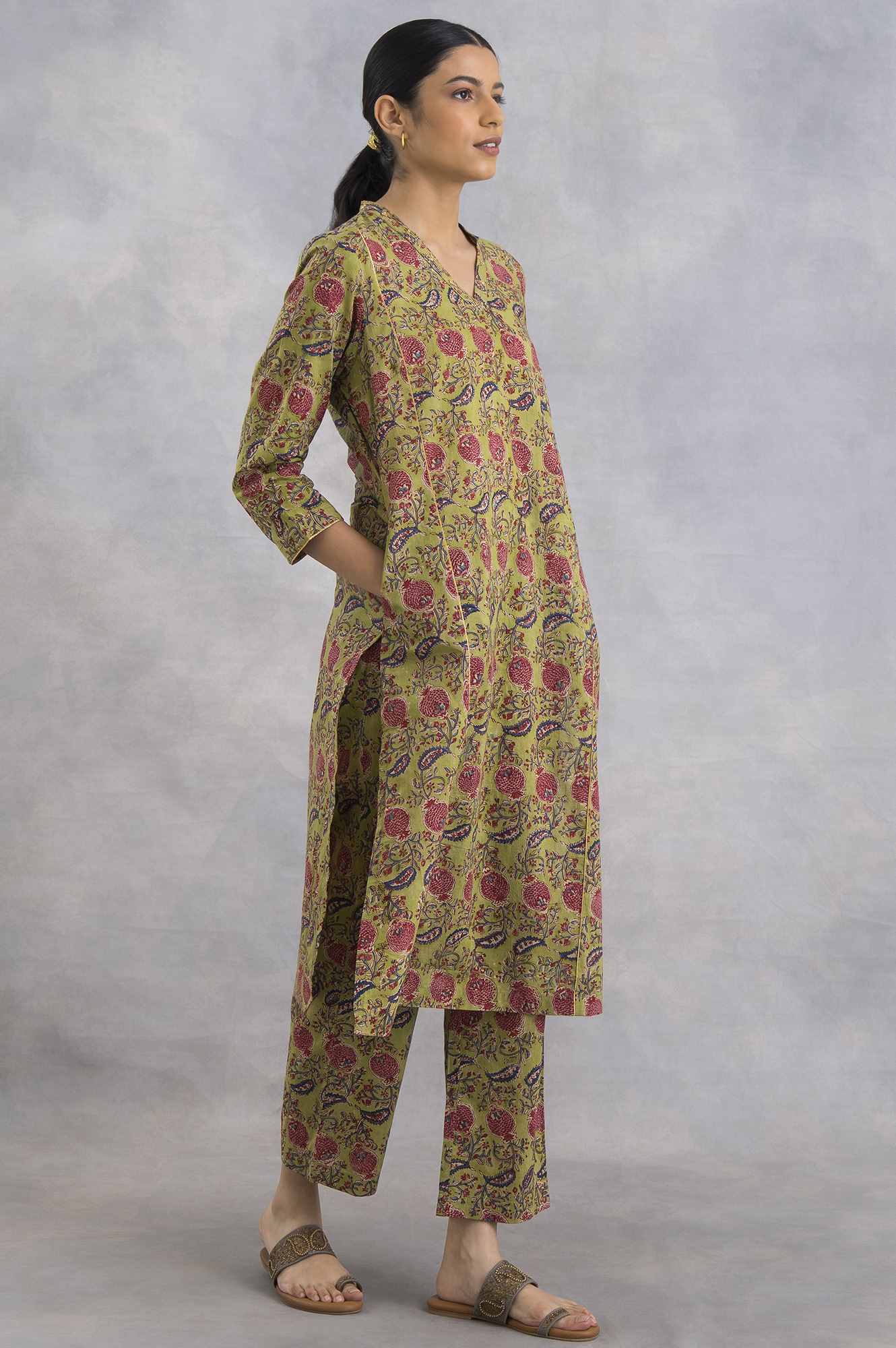 Green V-Neck Hand Block Print kurta