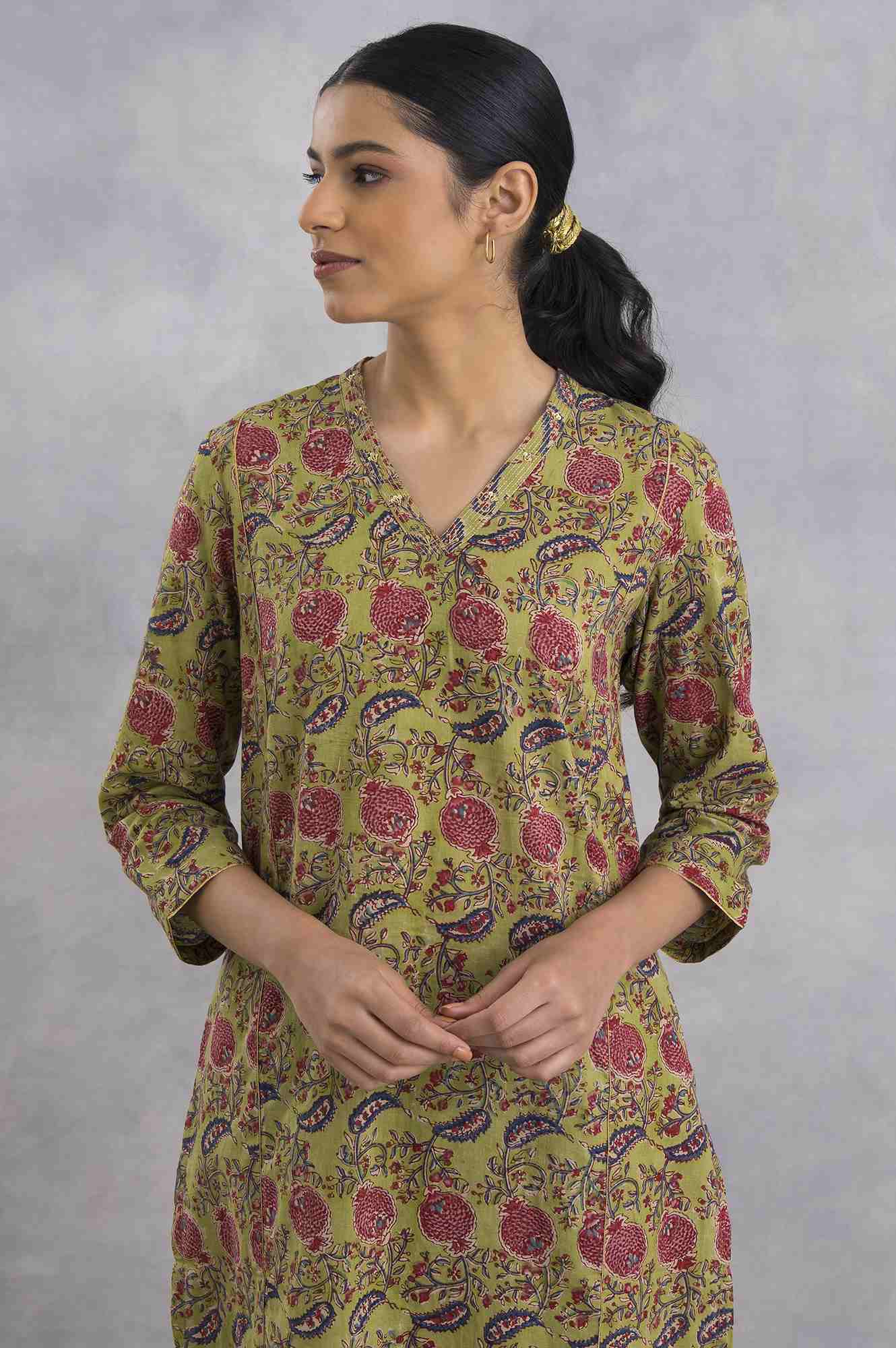 Green V-Neck Hand Block Print kurta