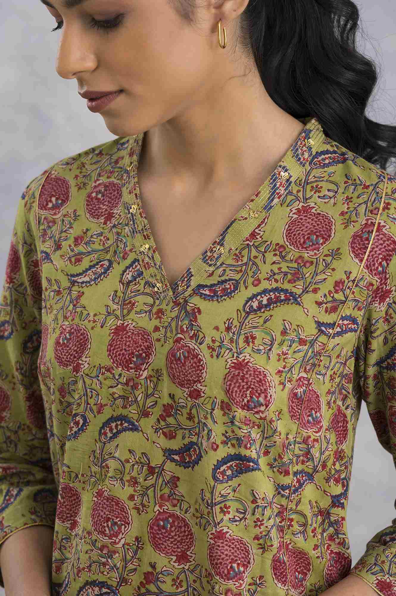 Green V-Neck Hand Block Print kurta