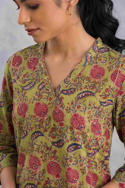 Green V-Neck Hand Block Print kurta