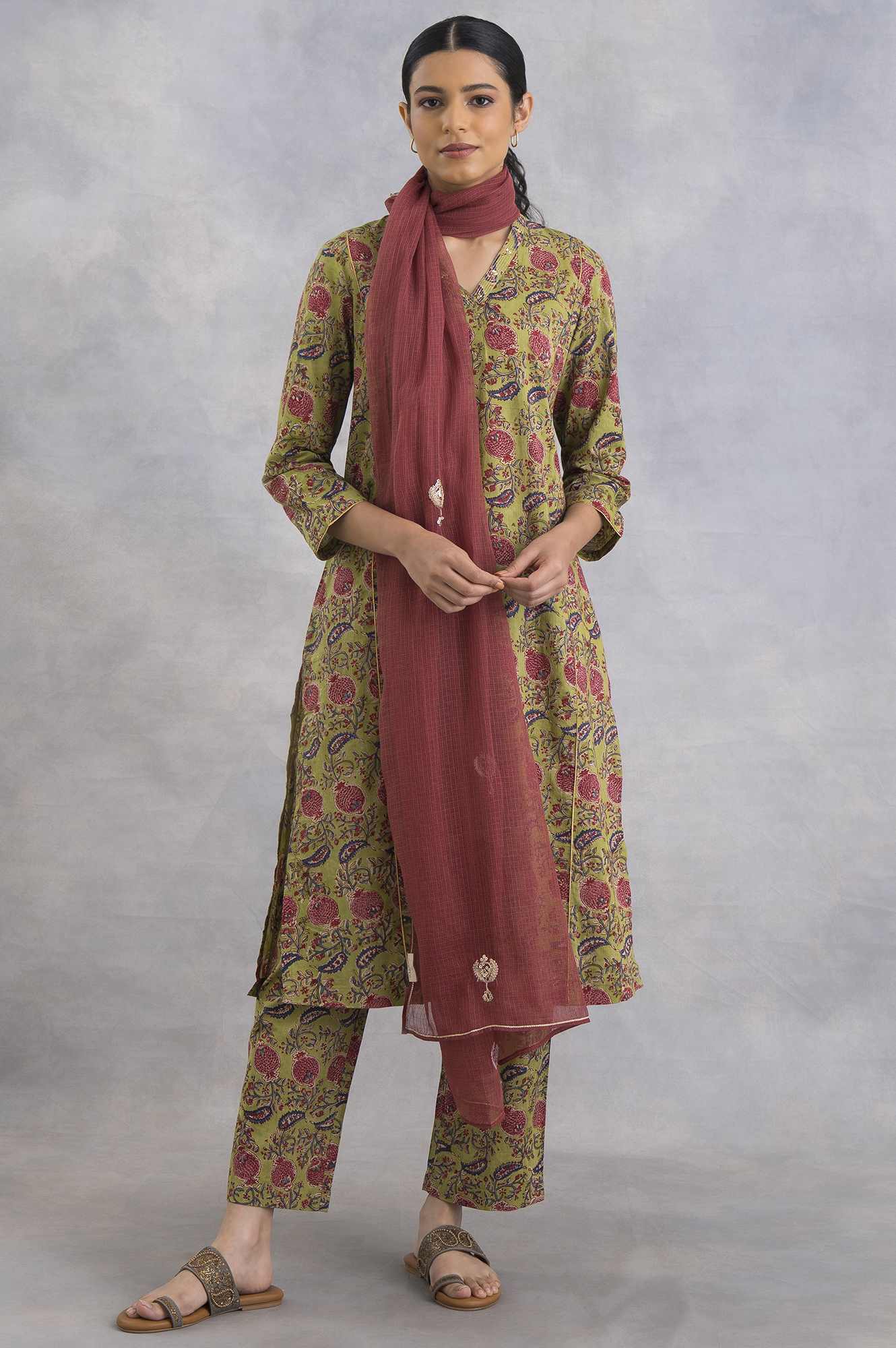 Green V-Neck Hand Block Print kurta