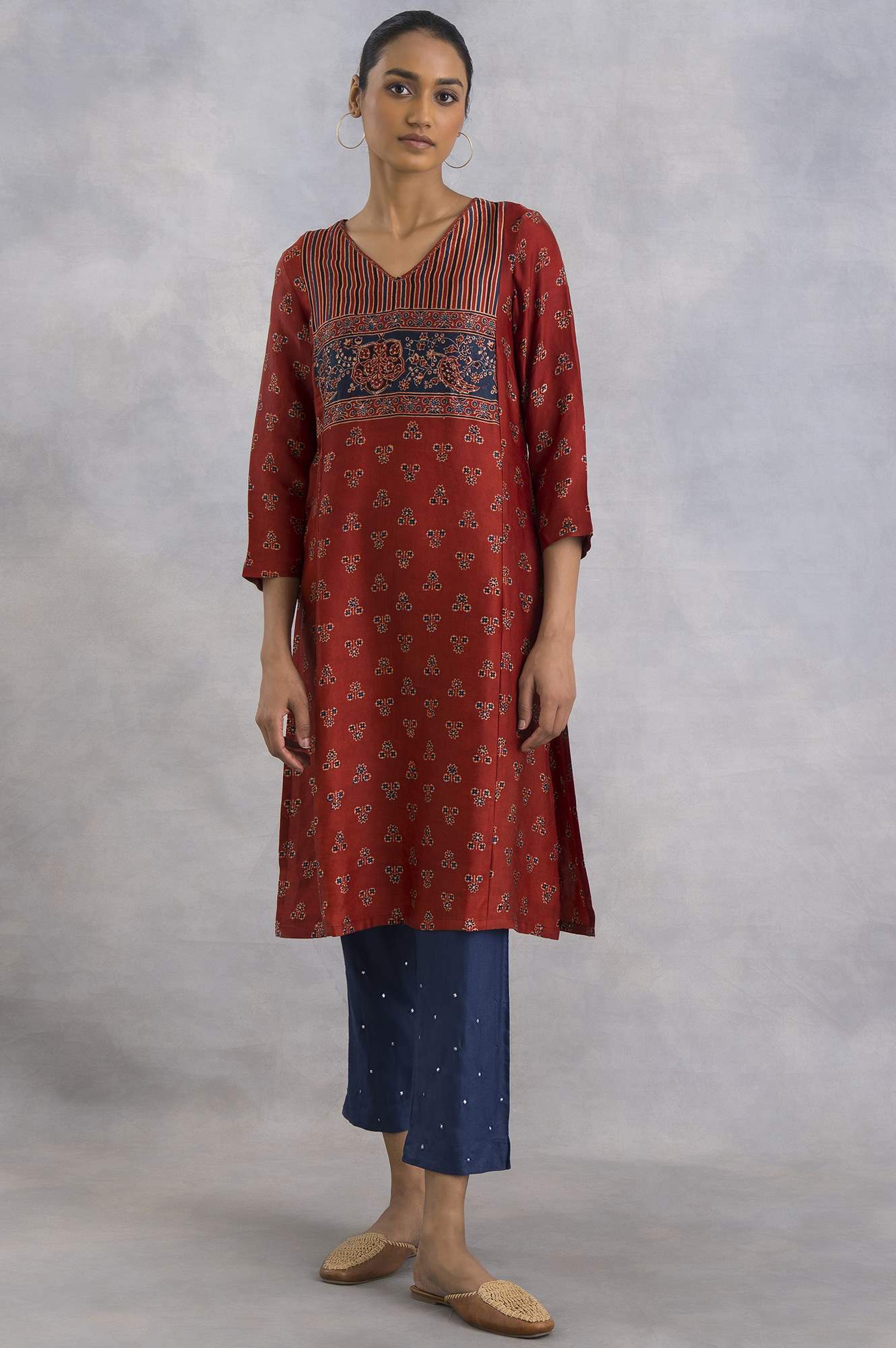 Red Ajrakh Print kurta In Fluid Satin