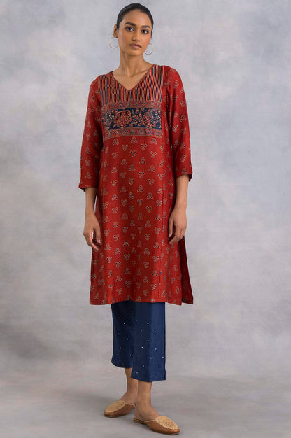 Red Ajrakh Print kurta In Fluid Satin