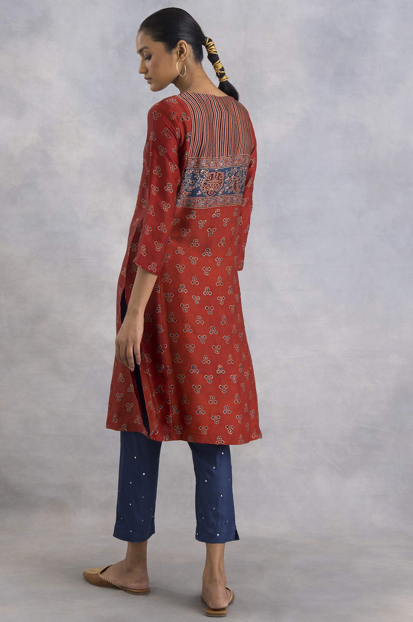 Red Ajrakh Print kurta In Fluid Satin