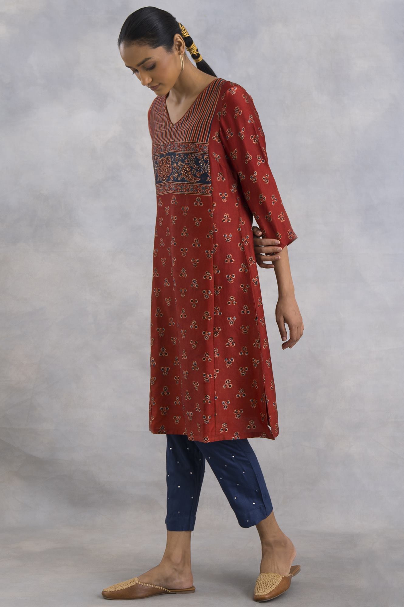 Red Ajrakh Print kurta In Fluid Satin