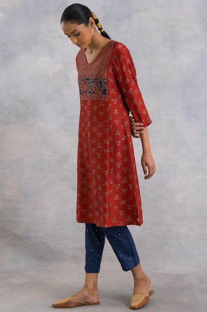 Red Ajrakh Print kurta In Fluid Satin