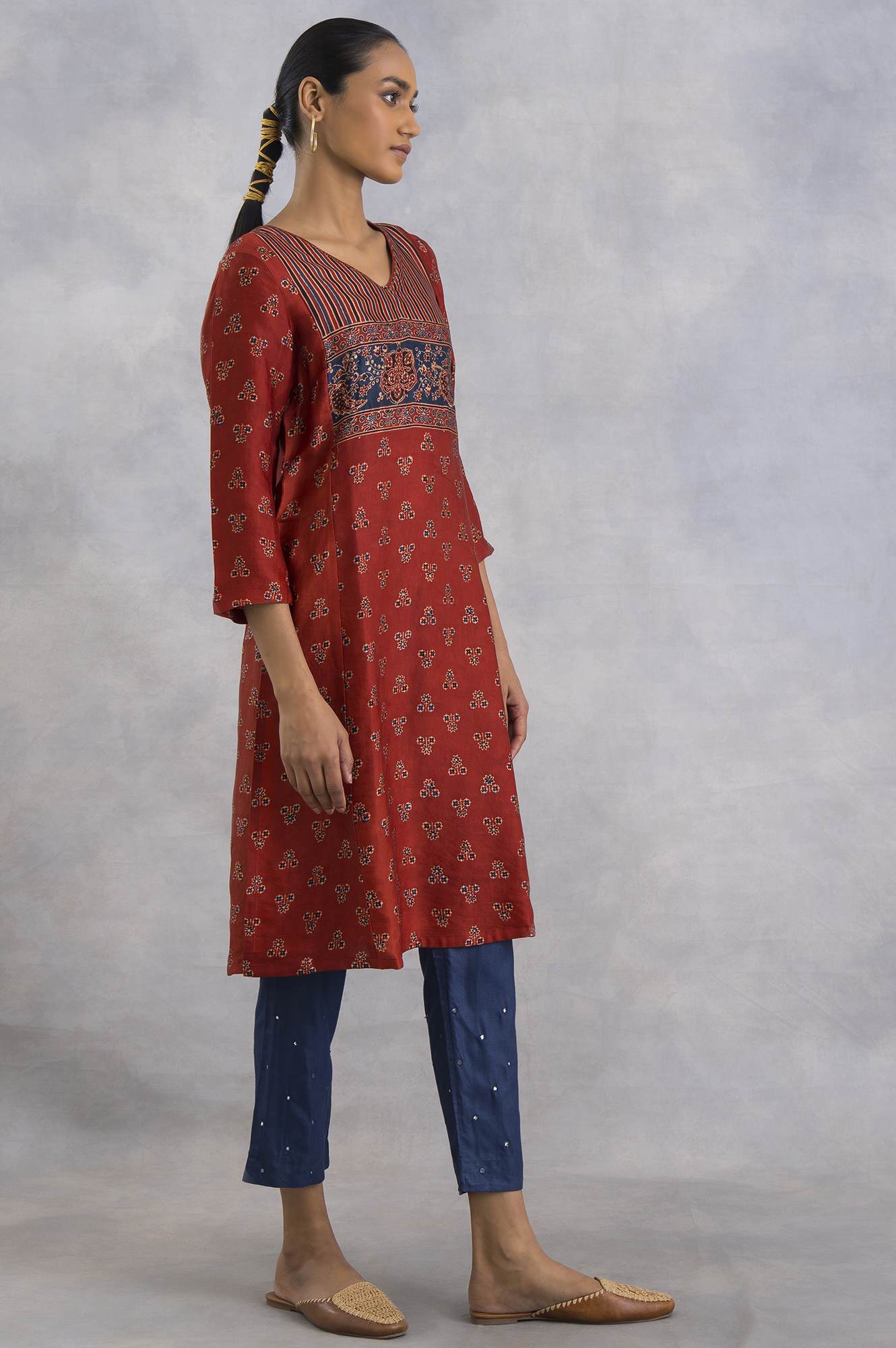 Red Ajrakh Print kurta In Fluid Satin